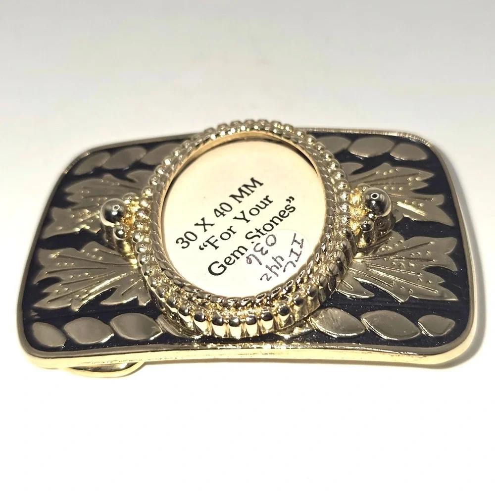 Vintage Goldt Tone Western Belt Buckle Blank Black Filigree Scrollwork‎ 30x40mm